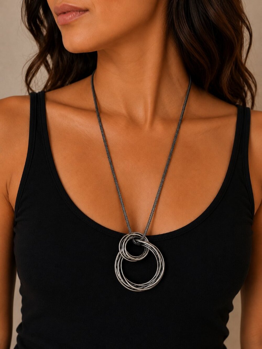 Statement Silver Interlocking Rings Necklace | Modern Long Pendant